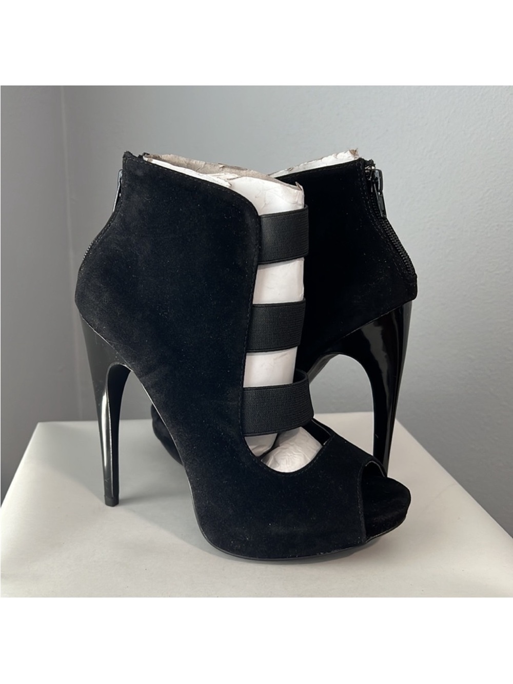 Dollhouse Black Suede Peep-Toe Ankle Booties with Stretch Straps